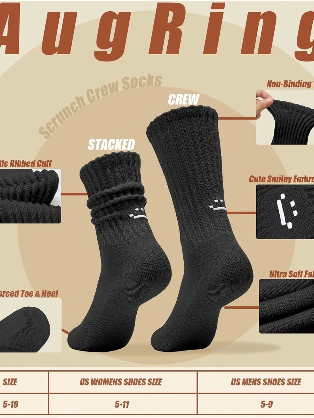 Women’s cute Slouch Socks Black Crew Socks with White Accent 3pk-Triple Pack NWT